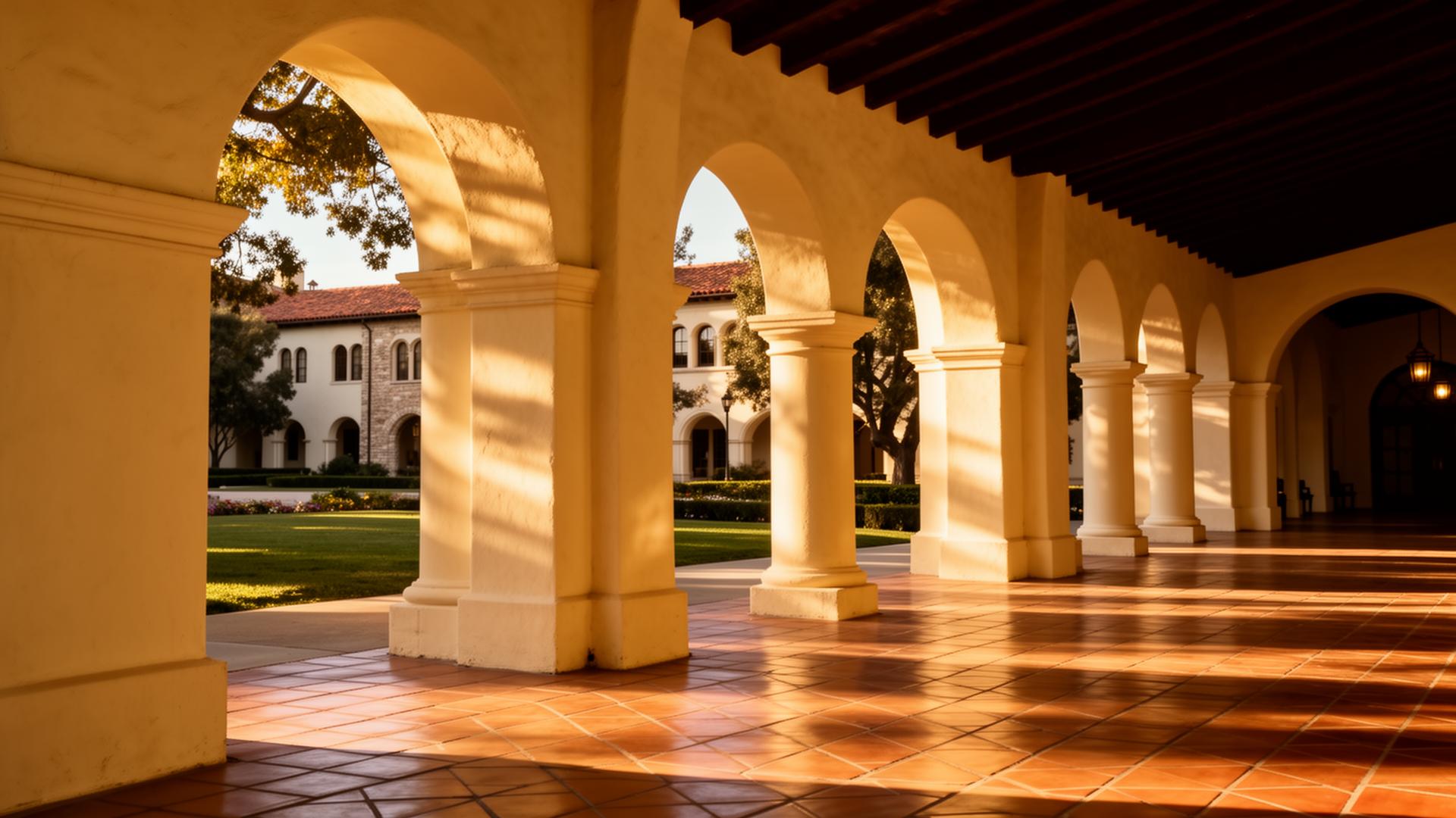 Spanish colonial colonnade evoking the Claremont Graduate University campus aesthetic